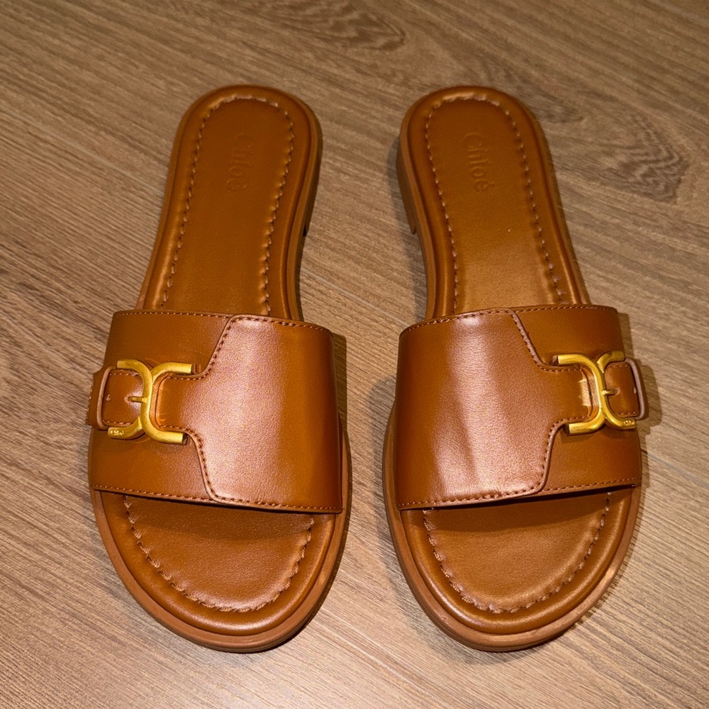 Chloe Tan Leather Slide Sandals